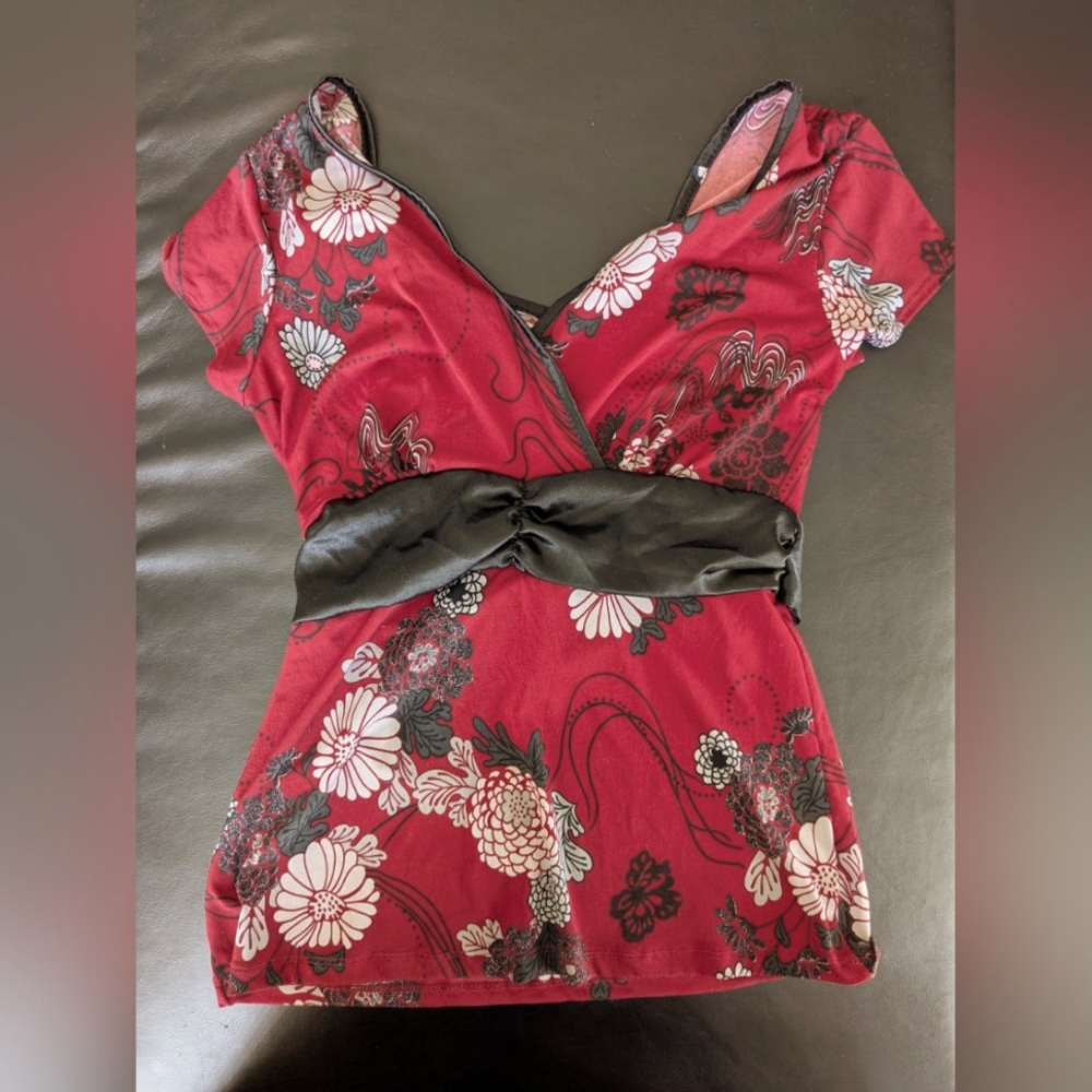Floral Wrap Top with Black Accents